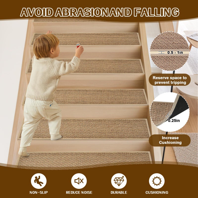 Earcu Stair Treads Non Slip, Rubber Backing Stair Treads for Wooden Steps, 15 PCS Thicken Linen Carpet Stair Runners Indoor for Kids Elders and Pets, No Residue Stair Carpet Treads, 8"x30", Beige - Image 2