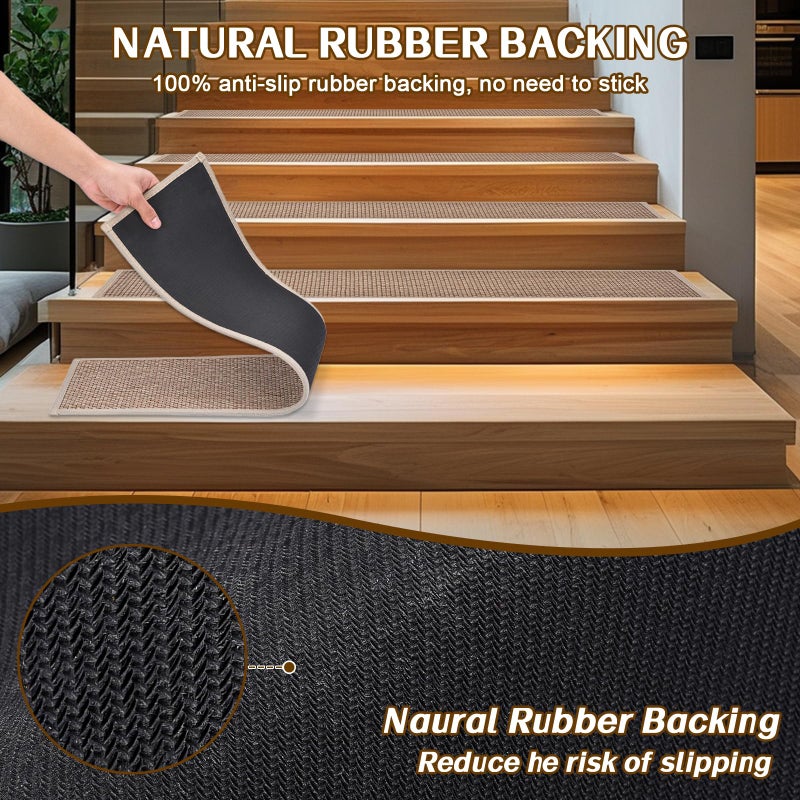 Earcu Stair Treads Non Slip, Rubber Backing Stair Treads for Wooden Steps, 15 PCS Thicken Linen Carpet Stair Runners Indoor for Kids Elders and Pets, No Residue Stair Carpet Treads, 8"x30", Beige - Image 3
