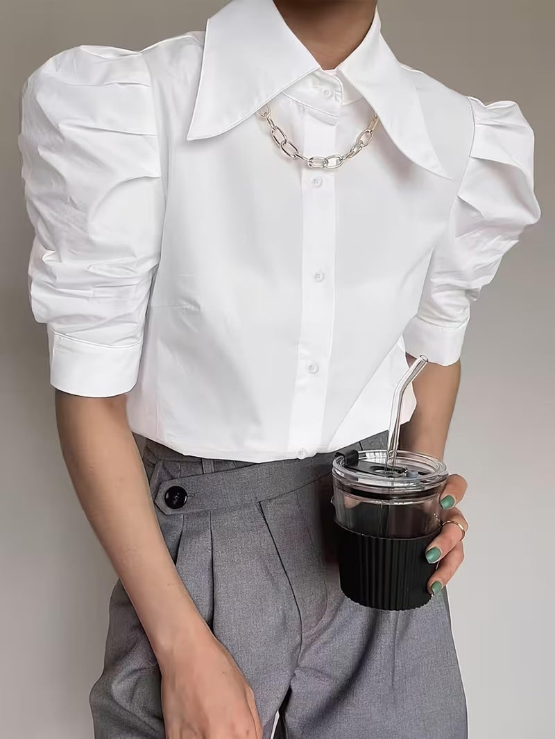 SUNNOW Women's Short Sleeve Blouse with Ruffles and Puff Sleeves Elegant Pleated Tops for Women Casual Office Shirt (US, Alpha, Medium, Regular, Regular, White) - Image 2