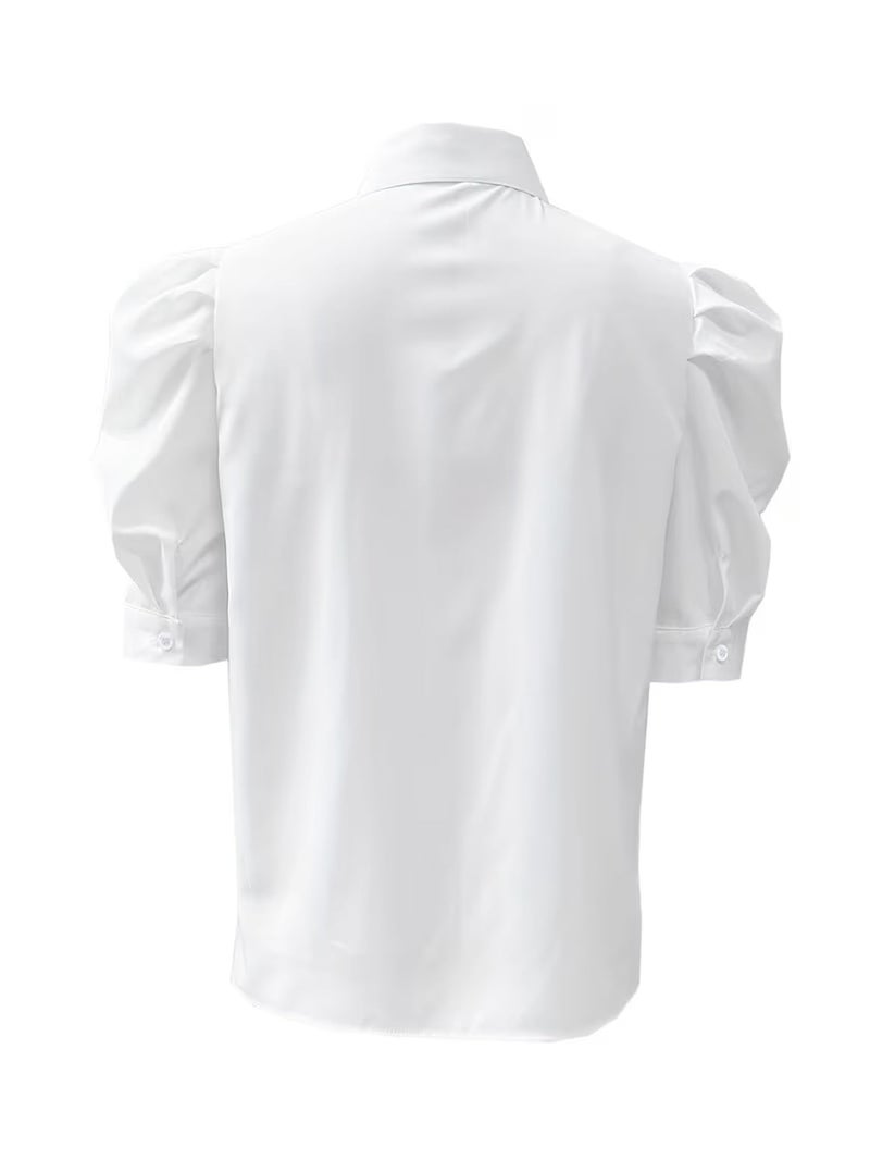 SUNNOW Women's Short Sleeve Blouse with Ruffles and Puff Sleeves Elegant Pleated Tops for Women Casual Office Shirt (US, Alpha, Medium, Regular, Regular, White) - Image 4