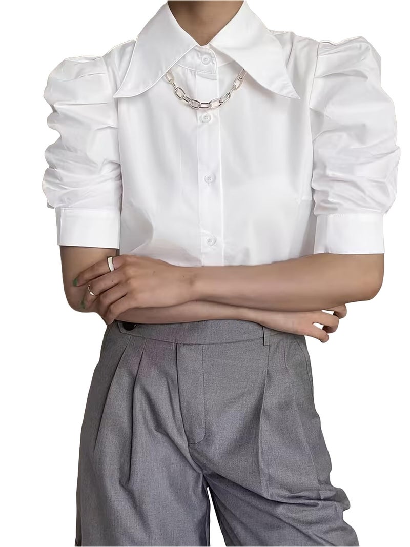 SUNNOW Women's Short Sleeve Blouse with Ruffles and Puff Sleeves Elegant Pleated Tops for Women Casual Office Shirt (US, Alpha, Medium, Regular, Regular, White) - Image 1