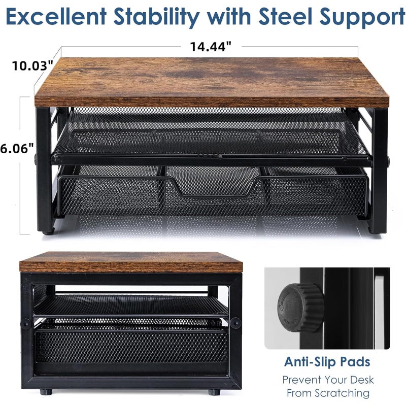 ARCOBIS Monitor Riser with Drawers and Pen Holders, Wood & Mesh Metal Computer Monitor Stand with Storage for Desk, Rustic Brown - Image 3