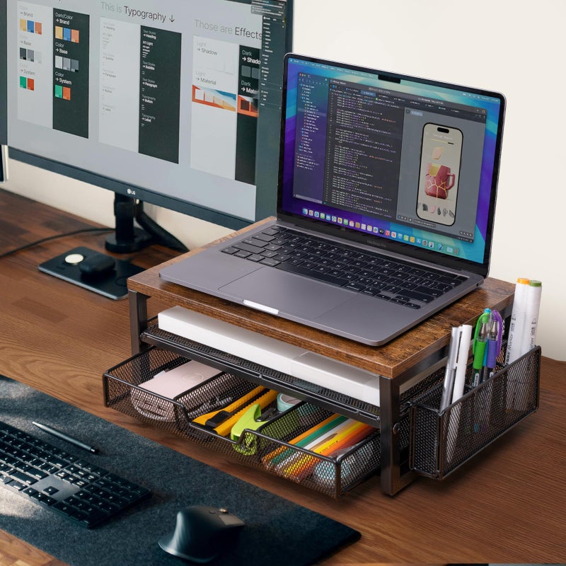 ARCOBIS Monitor Riser with Drawers and Pen Holders, Wood & Mesh Metal Computer Monitor Stand with Storage for Desk, Rustic Brown - Image 4