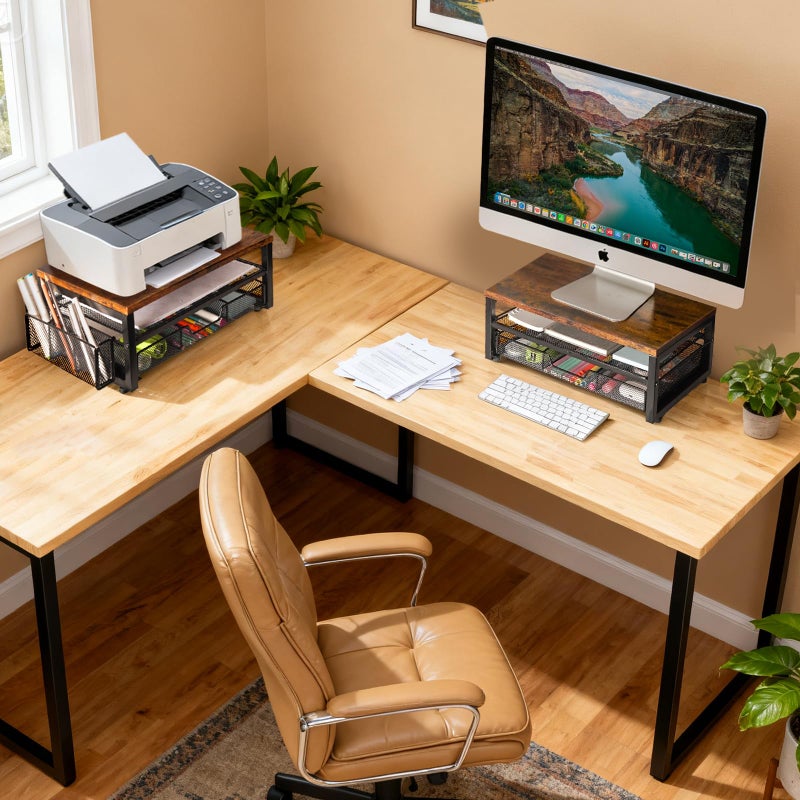 ARCOBIS Monitor Riser with Drawers and Pen Holders, Wood & Mesh Metal Computer Monitor Stand with Storage for Desk, Rustic Brown - Image 5