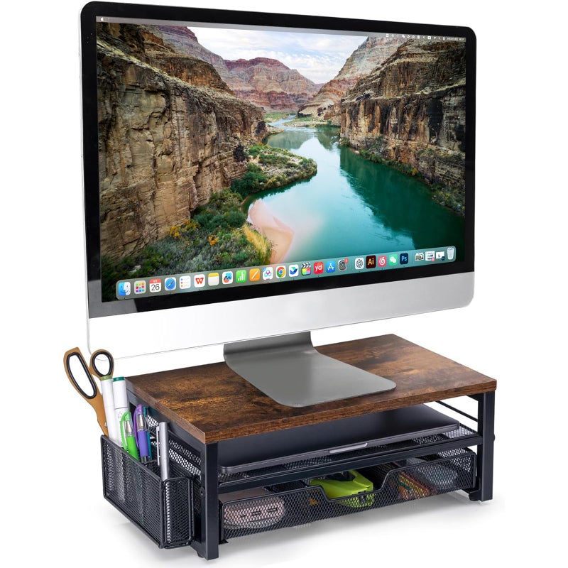 ARCOBIS Monitor Riser with Drawers and Pen Holders, Wood & Mesh Metal Computer Monitor Stand with Storage for Desk, Rustic Brown - Image 1