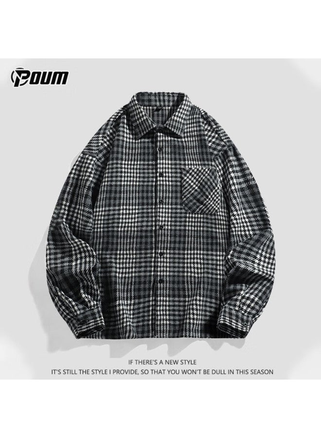 Poum Plaid Shirt For Men, Autumn And Winter Style, Loose Casual Retro Long-sleeve Shirt Jacket, Cs20 Black 2XL - Image 1