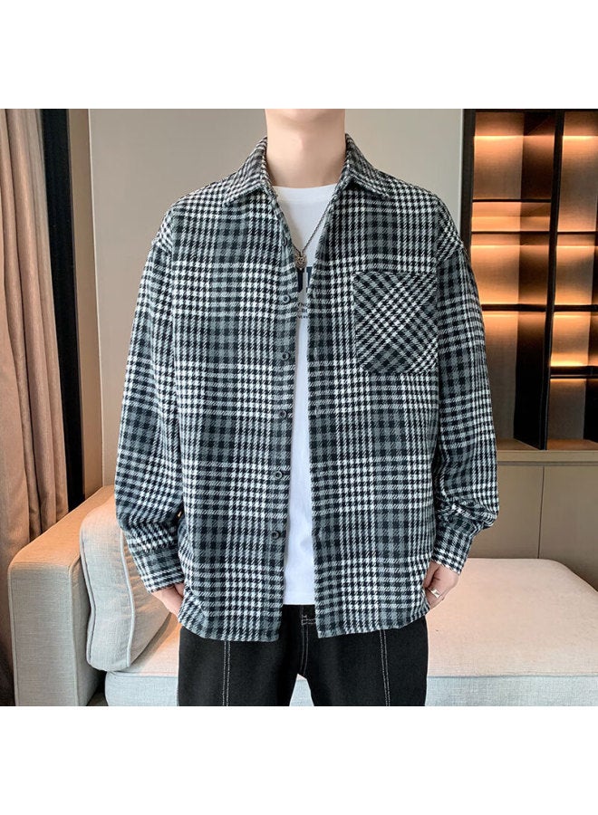 Poum Plaid Shirt For Men, Autumn And Winter Style, Loose Casual Retro Long-sleeve Shirt Jacket, Cs20 Black 2XL - Image 2
