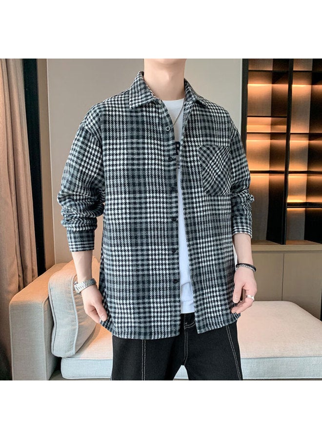 Poum Plaid Shirt For Men, Autumn And Winter Style, Loose Casual Retro Long-sleeve Shirt Jacket, Cs20 Black 2XL - Image 3