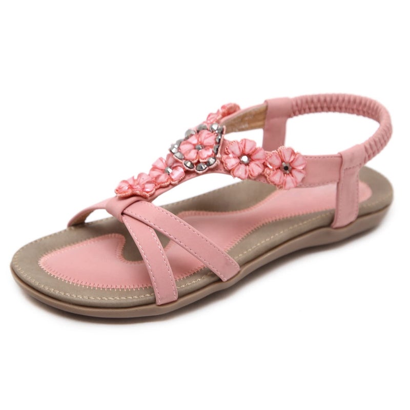 SHIBEVER Flat Sandals for Women Dressy: Pink Size 7 Summer Flowers Dress Sandals- Comfortable Walking Soft Work Flats Womens Sandal - Image 1
