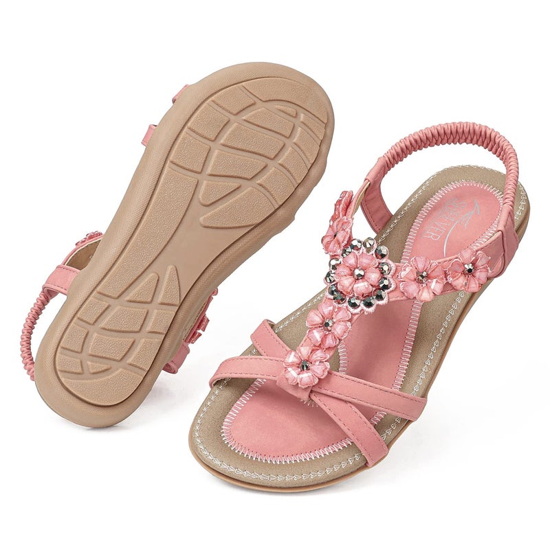 SHIBEVER Flat Sandals for Women Dressy: Pink Size 7 Summer Flowers Dress Sandals- Comfortable Walking Soft Work Flats Womens Sandal - Image 2