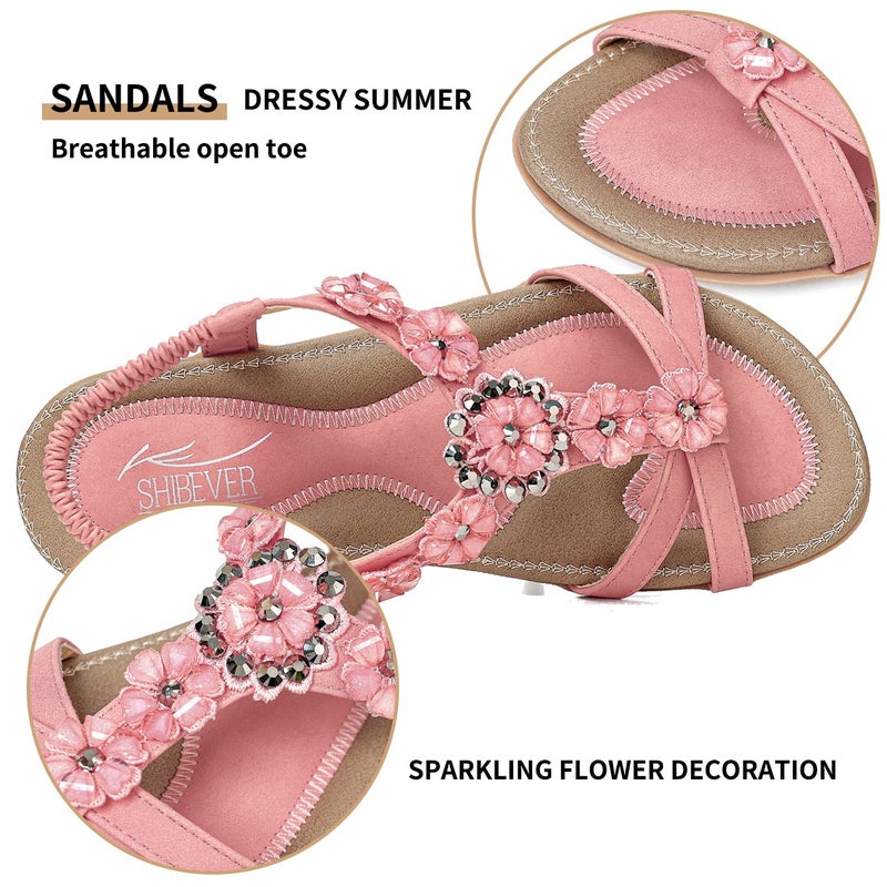 SHIBEVER Flat Sandals for Women Dressy: Pink Size 7 Summer Flowers Dress Sandals- Comfortable Walking Soft Work Flats Womens Sandal - Image 3