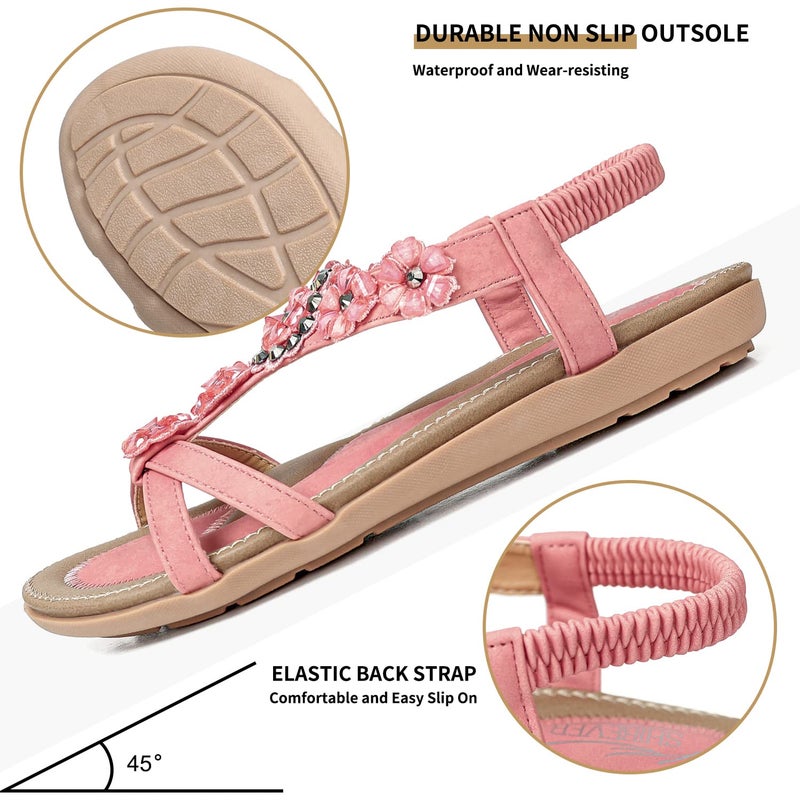 SHIBEVER Flat Sandals for Women Dressy: Pink Size 7 Summer Flowers Dress Sandals- Comfortable Walking Soft Work Flats Womens Sandal - Image 4