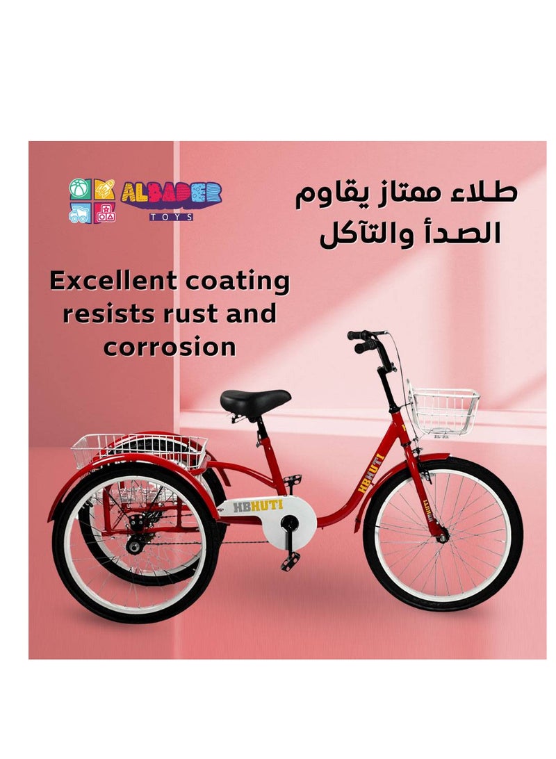 AL BADER 20-Inch Adult Tricycle 3-Wheel Bicycle with Dual Large Baskets, Wide Cushioned Comfort Seat, Independent Front & Rear Brakes, Heavy-Duty Reinforced Steel Frame, Stable Riksha-Style Trike for Seniors, Men & Women Daily Commuting & Shopping (Red) - Image 5