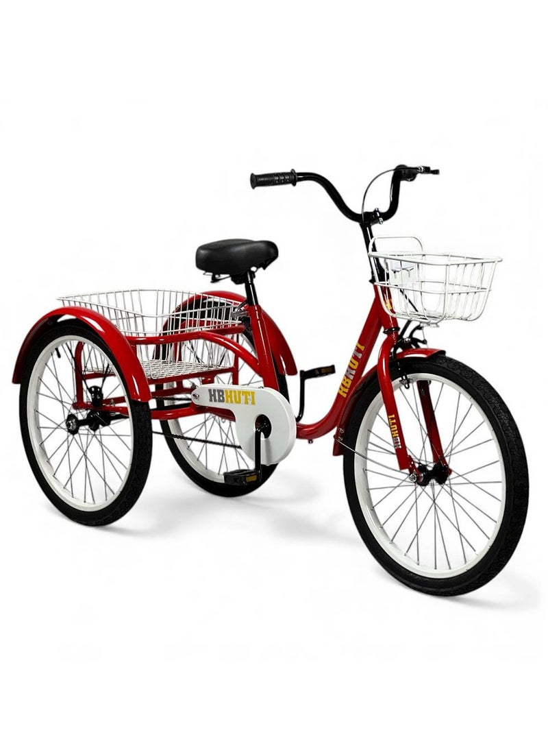 AL BADER 20-Inch Adult Tricycle 3-Wheel Bicycle with Dual Large Baskets, Wide Cushioned Comfort Seat, Independent Front & Rear Brakes, Heavy-Duty Reinforced Steel Frame, Stable Riksha-Style Trike for Seniors, Men & Women Daily Commuting & Shopping (Red) - Image 1