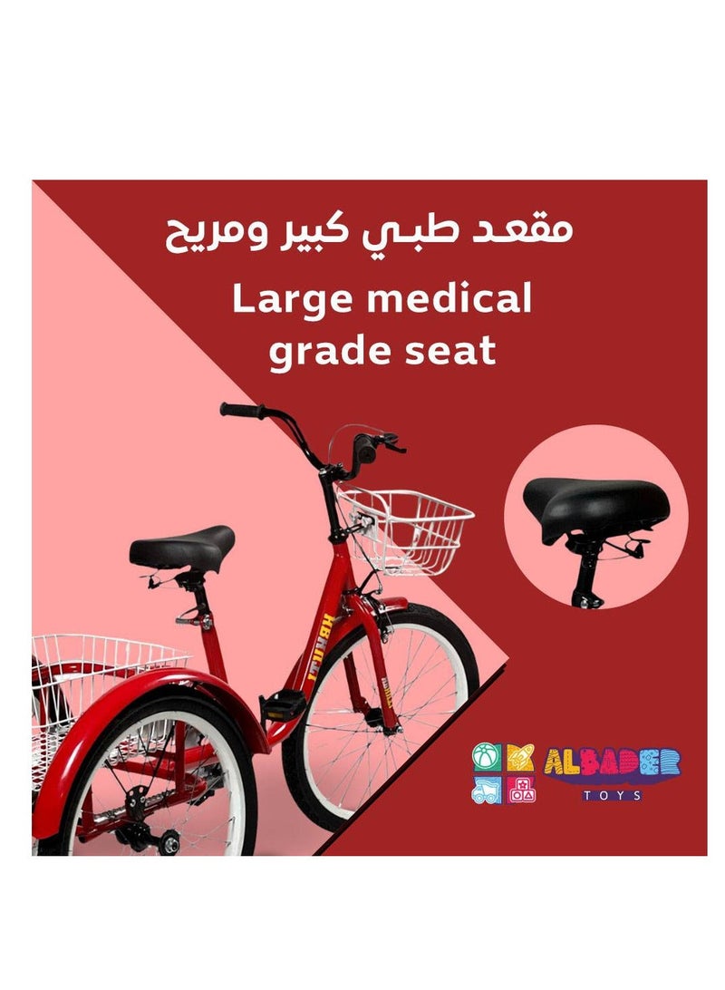 AL BADER 20-Inch Adult Tricycle 3-Wheel Bicycle with Dual Large Baskets, Wide Cushioned Comfort Seat, Independent Front & Rear Brakes, Heavy-Duty Reinforced Steel Frame, Stable Riksha-Style Trike for Seniors, Men & Women Daily Commuting & Shopping (Red) - Image 3