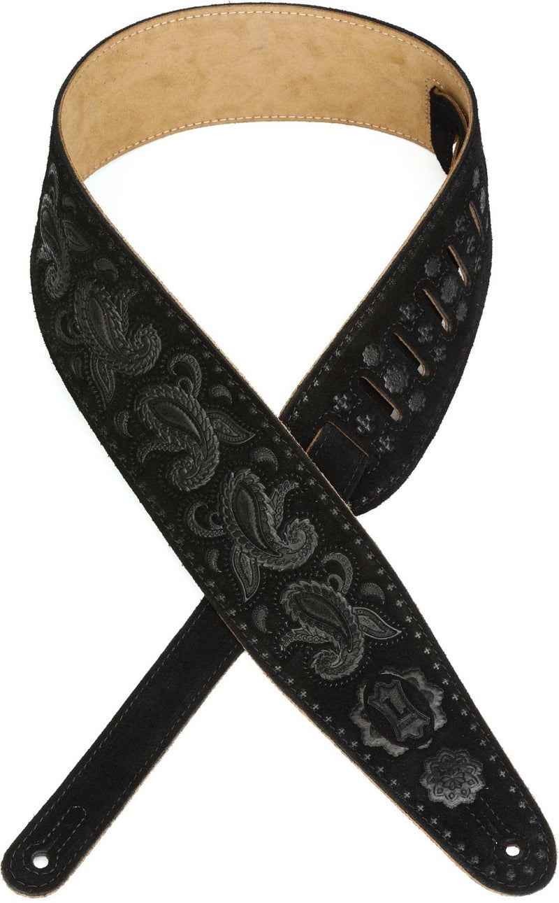 Levy's Leathers 3" Suede Leather Guitar Strap Tooled with a Paisley Pattern,Black - Image 1