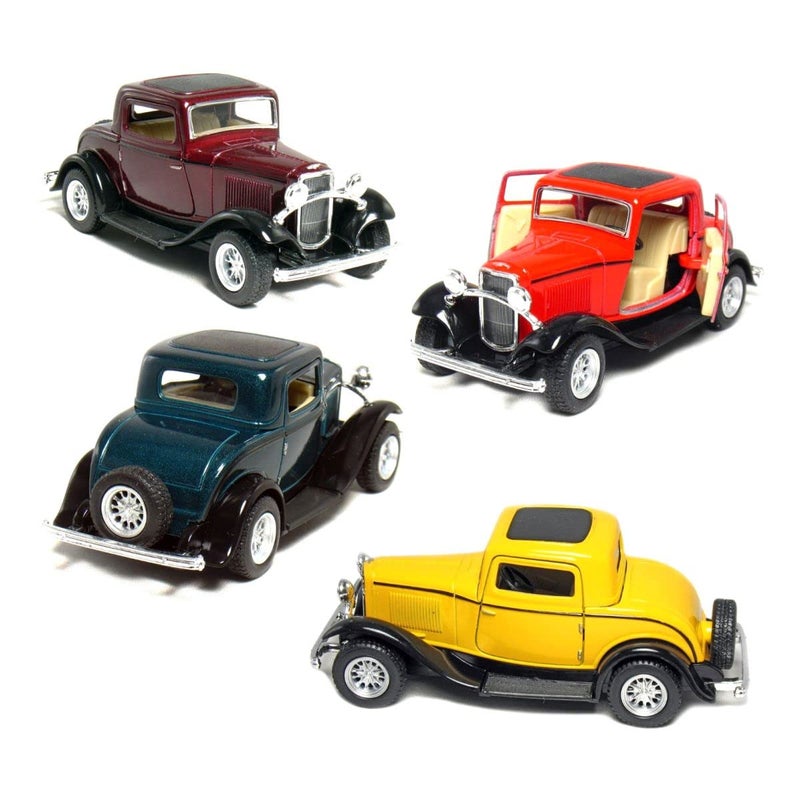 KiNSMART 1932 Ford 3-Window Coupe 1:34 Scale 5" Set of 4 Geen Maroon Red Yellow Die Cast Metal Model Toy Classic Car - Image 1