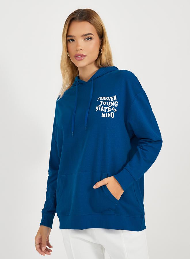 Styli Regular Fit Longline Slogan Print Hoodie  - Image 3