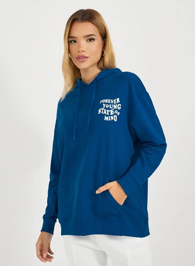 Regular Fit Longline Slogan Print Hoodie