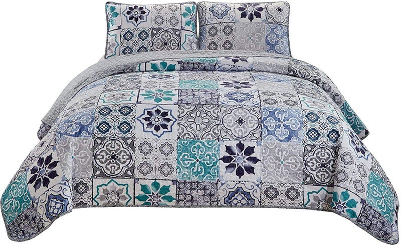 Fancy Linen 3pc Bedspread Quilt Set Over Size Bed Cover New (King/California King, White, Charcoal, Turquoise Mosaic) - Image 2