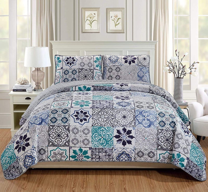 Fancy Linen 3pc Bedspread Quilt Set Over Size Bed Cover New (King/California King, White, Charcoal, Turquoise Mosaic) - Image 1