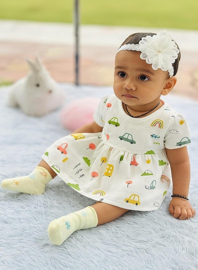 Nestlooms 100% Muslin Cotton Frock for Infant Baby Girl with Back Button Closure, Skin Friendly, Knee-Length Kids Frock Baby Girl Cotton Dress with Cute Print (3-6 Months, Little Roadtrip) - Image 2