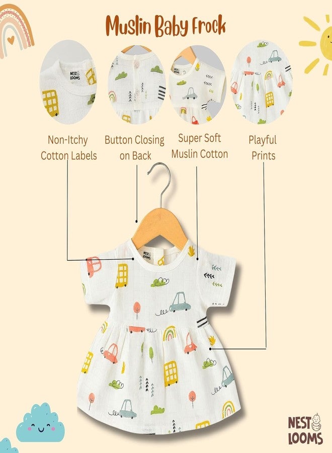 Nestlooms 100% Muslin Cotton Frock for Infant Baby Girl with Back Button Closure, Skin Friendly, Knee-Length Kids Frock Baby Girl Cotton Dress with Cute Print (3-6 Months, Little Roadtrip) - Image 3
