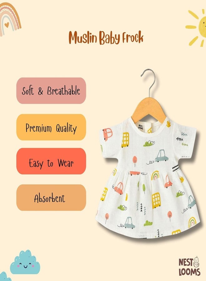 Nestlooms 100% Muslin Cotton Frock for Infant Baby Girl with Back Button Closure, Skin Friendly, Knee-Length Kids Frock Baby Girl Cotton Dress with Cute Print (3-6 Months, Little Roadtrip) - Image 4