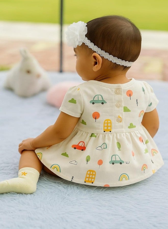 Nestlooms 100% Muslin Cotton Frock for Infant Baby Girl with Back Button Closure, Skin Friendly, Knee-Length Kids Frock Baby Girl Cotton Dress with Cute Print (3-6 Months, Little Roadtrip) - Image 5