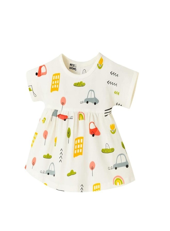 Nestlooms 100% Muslin Cotton Frock for Infant Baby Girl with Back Button Closure, Skin Friendly, Knee-Length Kids Frock Baby Girl Cotton Dress with Cute Print (3-6 Months, Little Roadtrip) - Image 1