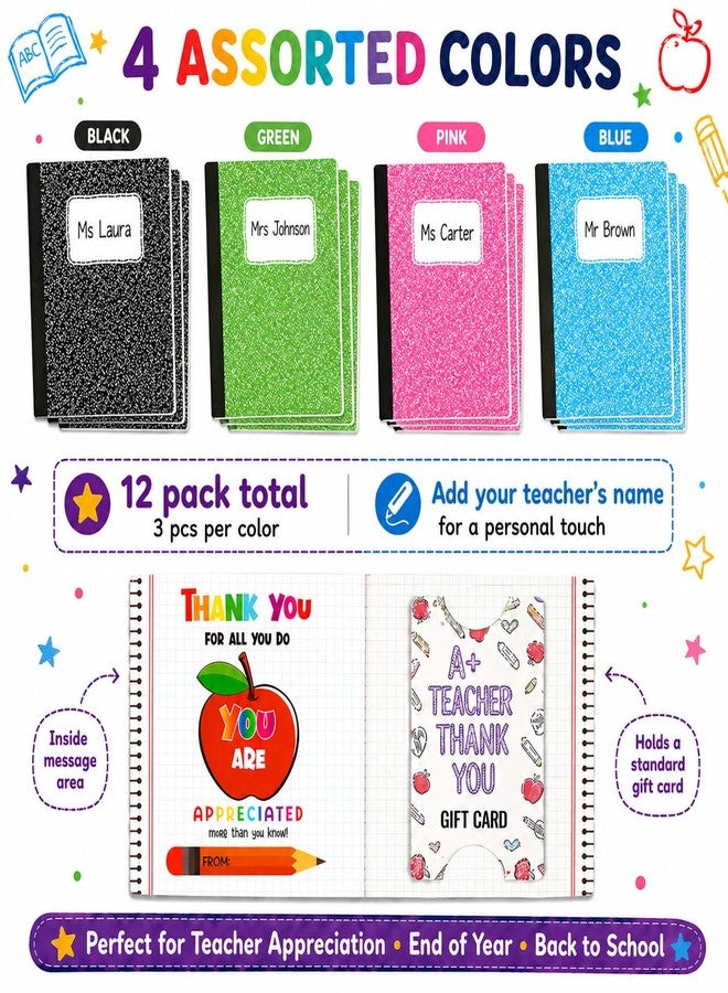 KATINAT Teacher Appreciation Gifts 12 Pack, Notebook Money Holder for Cash Gift with Envelopes, Teacher Gift Card Holder, End of Year Gifts Back to School Appreciation Week - Image 4