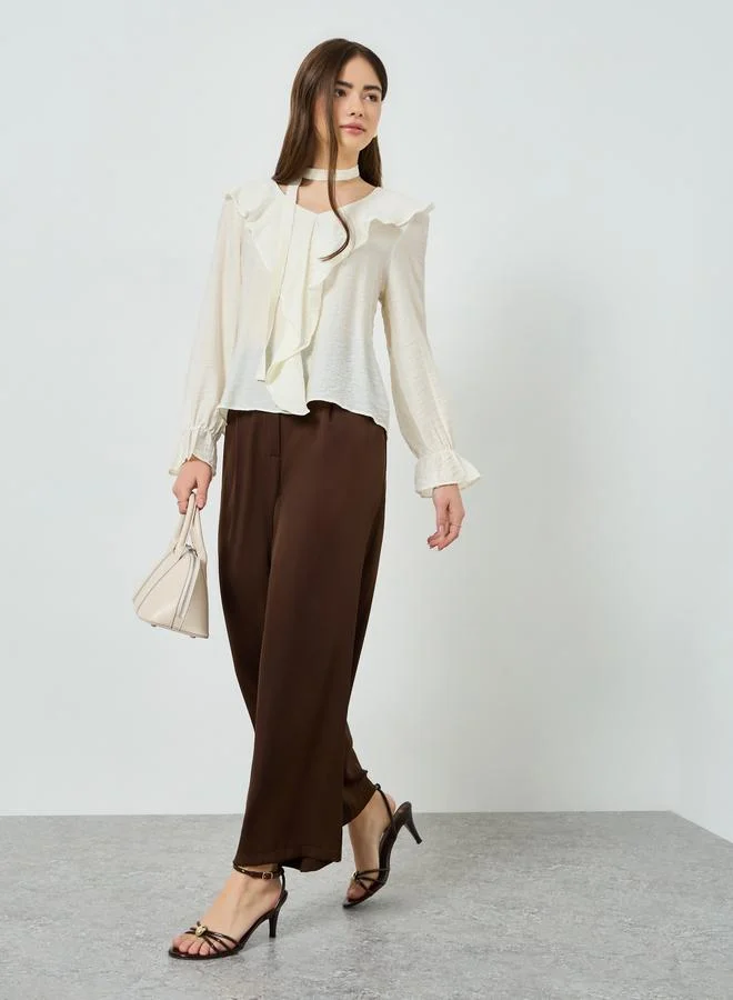 Styli White Ruffle Long Sleeves Blouse