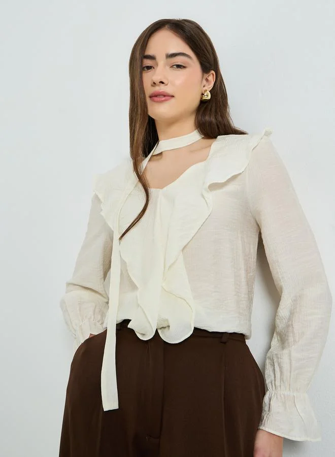 Styli White Ruffle Long Sleeves Blouse