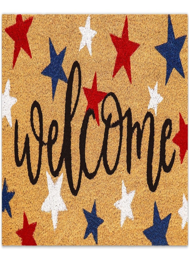 Whaline Patriotic Natural Coir Door Mat 4th of July Red Blue White Star Welcome Doormat Non-Slip Entrance Door Rugs for 250th Anniversary Independence Day Home Decor, 16.5 x 29 Inch - Image 1