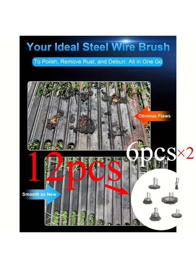 12 Pack Carbon Steel Wire Brush Set Rust Removal Wear Resistant Hex Shank - Image 1