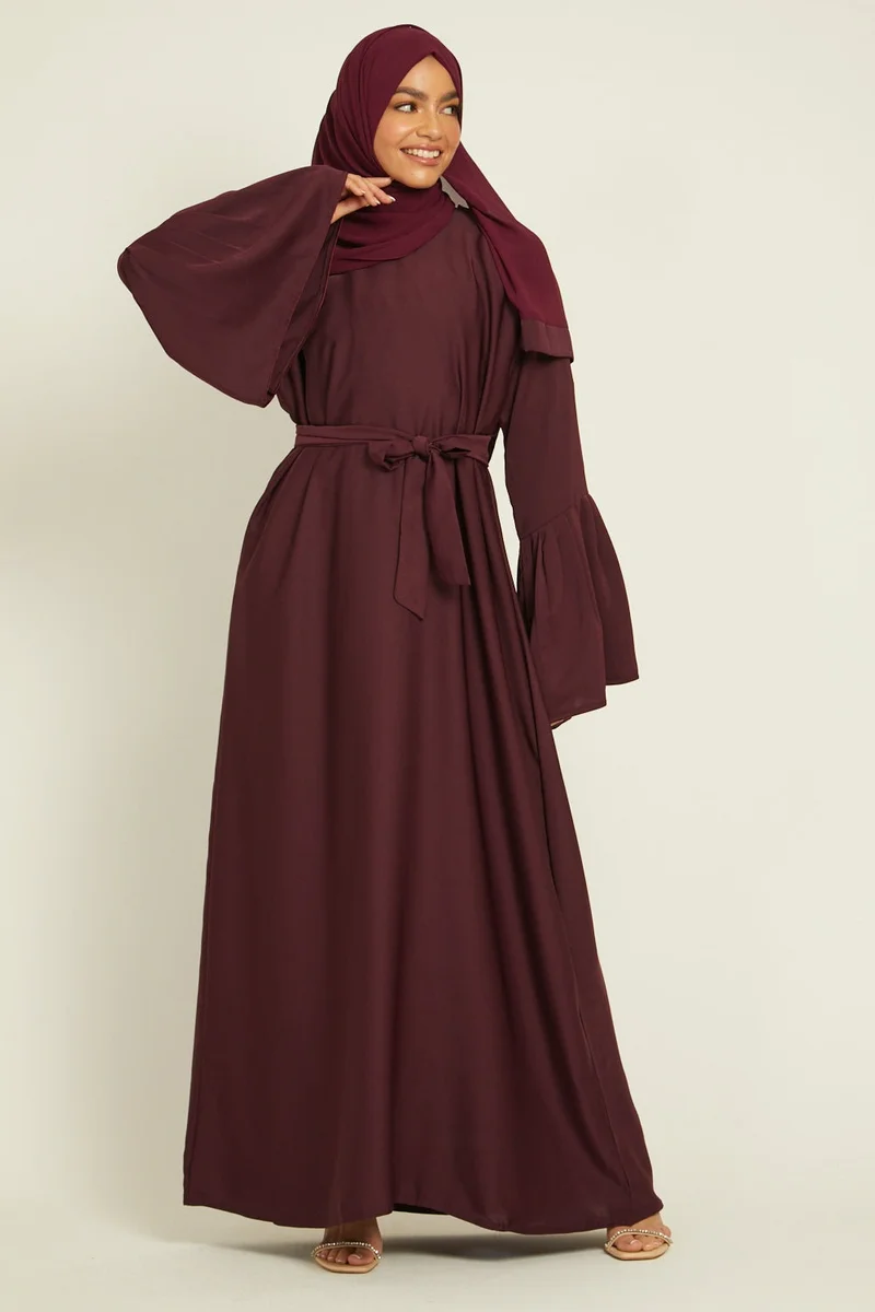 NUKHBAA Elegant Brown plain abaya wityh belt and Hijab-AB46