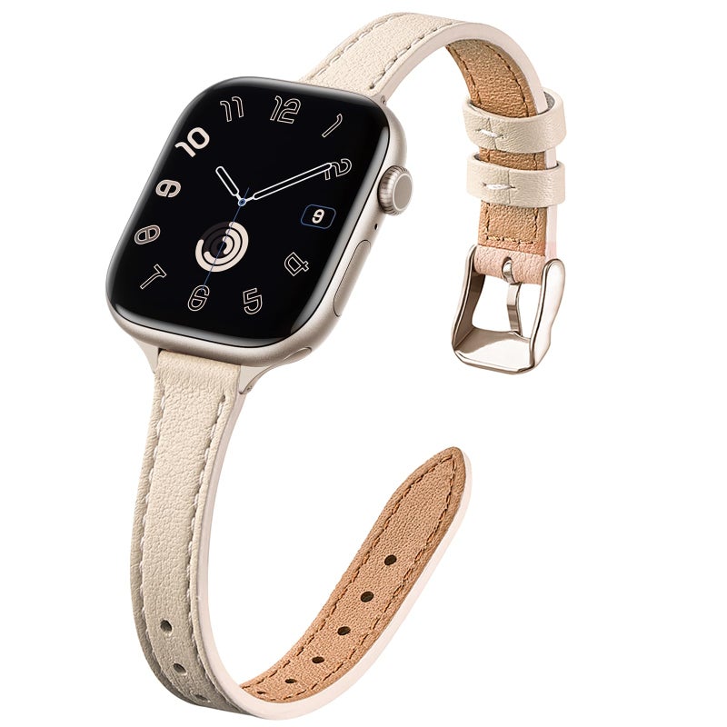 STIROLL Slim Leather Bands Compatible with Apple Watch Band 38mm 40mm 41mm 42mm(Series 11 10), Top Grain Leather Watch Thin Wristband for iWatch SE 9 8 7 6 5 4 3 2 1 (Beige Starlight) - Image 1