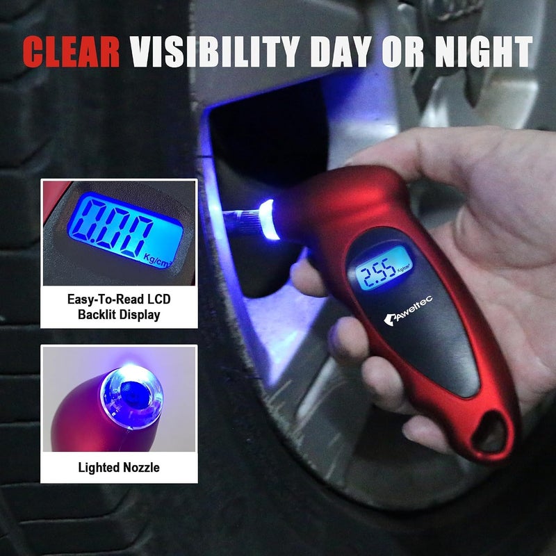 AWELTEC Digital Tire Pressure Gauge 2 Pack,Accurate Air Tire Gauge with Backlit LCD and Non-Slip Grip,Max 150 PSI, 4 Units Settings for Car Truck Motorcycle Bicycle,Red - Image 4