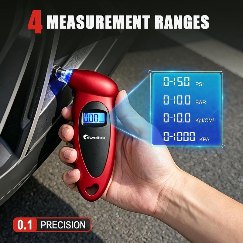AWELTEC Digital Tire Pressure Gauge 2 Pack,Accurate Air Tire Gauge with Backlit LCD and Non-Slip Grip,Max 150 PSI, 4 Units Settings for Car Truck Motorcycle Bicycle,Red - Image 2