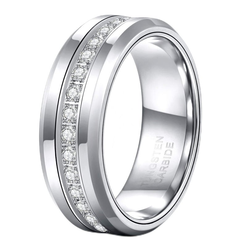TRUMIUM 8mm Mens Wedding Band Tungsten Rings for Men Women with White Cubic Zirconia Eternity Ring CZ Inlaid Silver Mens Rings Beveled Edges Comfort Fit Size 10 - Image 1