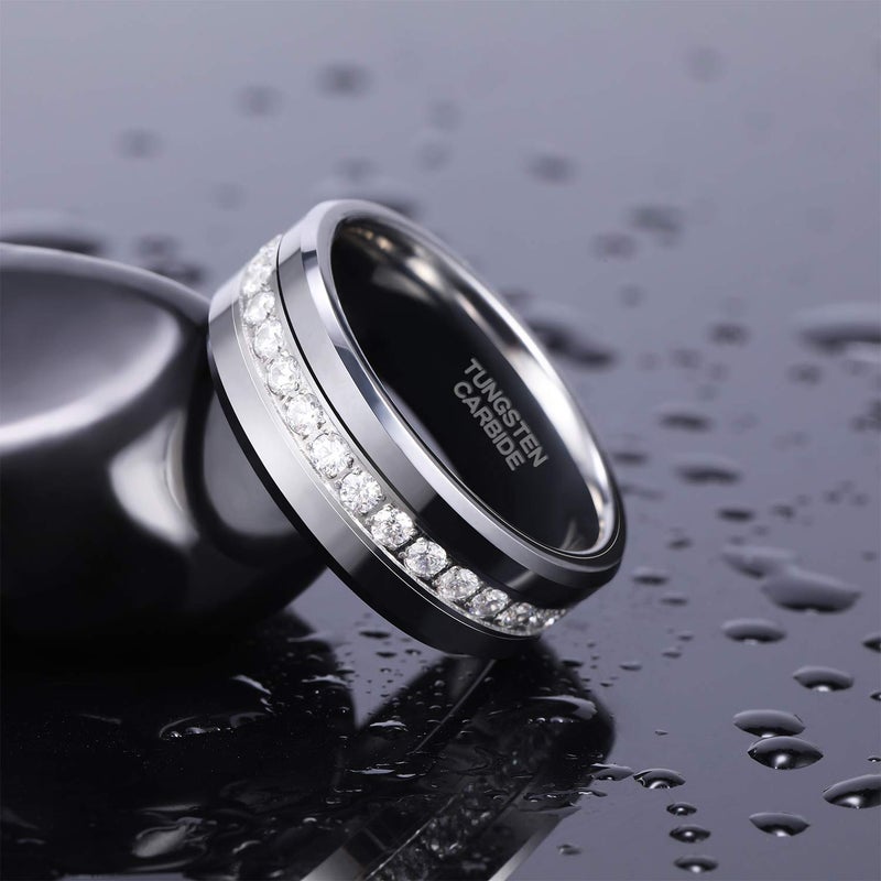 TRUMIUM 8mm Mens Wedding Band Tungsten Rings for Men Women with White Cubic Zirconia Eternity Ring CZ Inlaid Silver Mens Rings Beveled Edges Comfort Fit Size 10 - Image 3