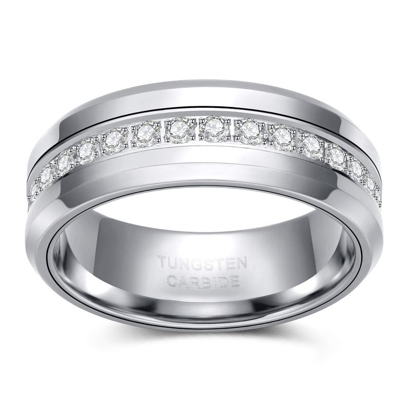 TRUMIUM 8mm Mens Wedding Band Tungsten Rings for Men Women with White Cubic Zirconia Eternity Ring CZ Inlaid Silver Mens Rings Beveled Edges Comfort Fit Size 10 - Image 2