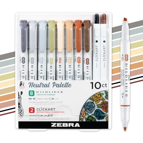 Zebra Pen Mildliner DualTip Highlighters and 2 CLiCKART Markers No Bleed Ideal for Bible Highlighting Journaling NoteTaking and School Supplies Neutral Vintage Ink Colors 10Pack 78601 - Image 1