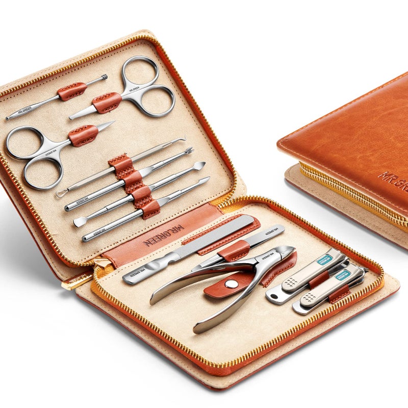 MrGreen MRGREEN Manicure Set 12 in 1 Full Function Nail Clippers Personal Care Tool Kits Stainless Steel Pedicure Sets with Leather Case Idea Gift 12Pcs Set Brown 