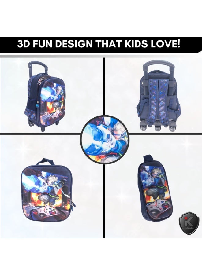 i-kola Games 15T3 15-Inch 3D 3PC Kids Trolley Set | Rolling School Bag with Spill-Proof Lunch Bag & Pencil Case | Wheeled School Luggage for Boys & Girls (IK304-15T3) - Image 4