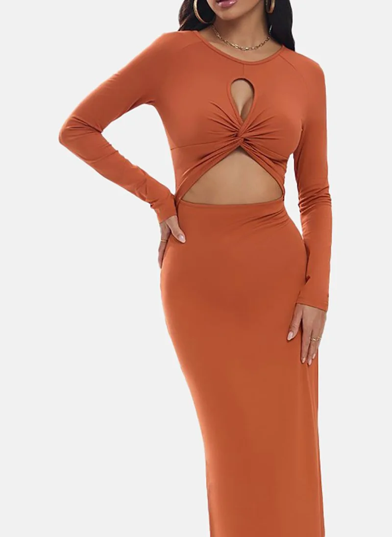 يونيكي Orange Solid Long Sleeve Round Neck Maxi Shift Dress