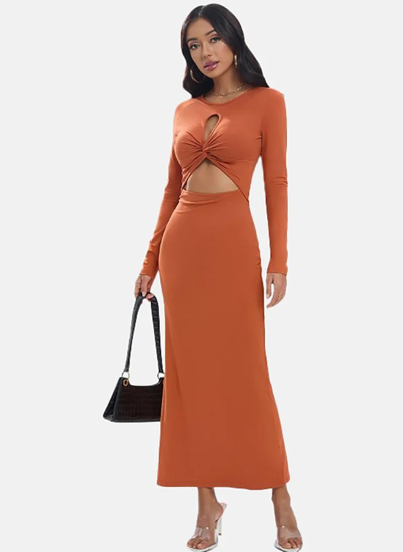 يونيكي Orange Solid Long Sleeve Round Neck Maxi Shift Dress