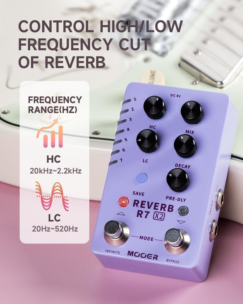 Mooer R7 X2 Stereo Multi Reverb Pedal from Classic Reverb to Modern Ambient, 14 different Reverb types with High Cut, Low Cut, Mix Parameter Knobs and Infinite and Trail-on functions - Image 5