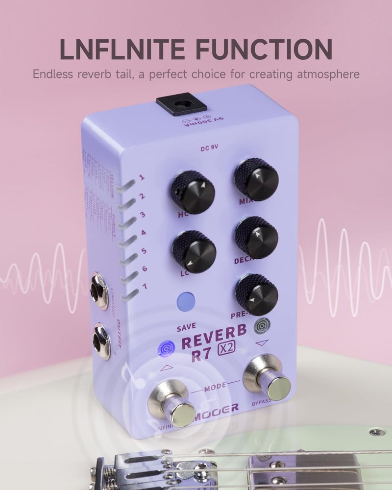 Mooer R7 X2 Stereo Multi Reverb Pedal from Classic Reverb to Modern Ambient, 14 different Reverb types with High Cut, Low Cut, Mix Parameter Knobs and Infinite and Trail-on functions - Image 4