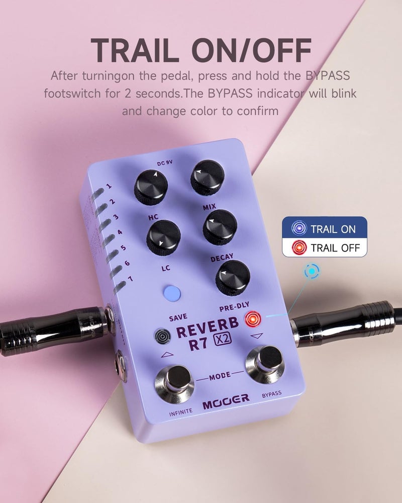 Mooer R7 X2 Stereo Multi Reverb Pedal from Classic Reverb to Modern Ambient, 14 different Reverb types with High Cut, Low Cut, Mix Parameter Knobs and Infinite and Trail-on functions - Image 3